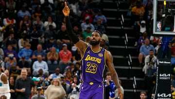 Mar 29, 2025; Memphis, Tennessee, USA; Los Angeles Lakers forward LeBron James (23) reacts during the third quarter against the Memphis Grizzlies at FedExForum. Mandatory Credit: Petre Thomas-Imagn Images