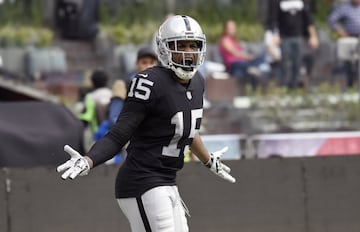 Oakland Raiders' Michael Crabtree gestures against the referee during the 2016 NFL week 11 regular season football game against New England Patriots on November 19, 2017 at the Azteca Stadium in Mexico City. / AFP PHOTO / ALFREDO ESTRELLA