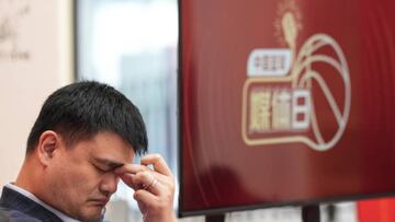 President of the Chinese Basketball Association Yao Ming reacts during the China Basketball Association Media Day on April 7, 2023 in Beijing, China.