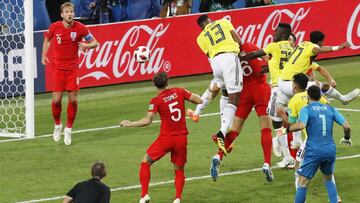 Moscow (Russian Federation), 03/07/2018.- Yerry Mina (top) of Colombia scores the 1-1 goal during the FIFA World Cup 2018 round of 16 soccer match between Colombia and England in Moscow, Russia, 03 July 2018.
(RESTRICTIONS APPLY: Editorial Use Only, no