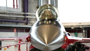 A view shows a F-16 fighter jet at Skrydstrup Air Base in Vojens, Denmark, August 20, 2023. Ritzau Scanpix/Mads Claus Rasmussen via REUTERS ATTENTION EDITORS - THIS IMAGE WAS PROVIDED BY A THIRD PARTY. DENMARK OUT. NO COMMERCIAL OR EDITORIAL SALES IN DENMARK.