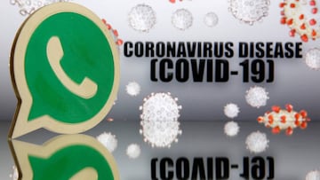 A 3D-printed Whatsapp logo is seen in front of displayed coronavirus disease (COVID-19) sign.