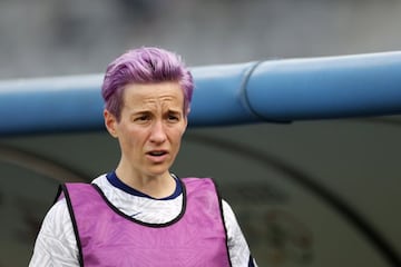 CHOFU, JAPAN - JULY 21: Megan Rapinoe #15 of Team United States looks on prior to the Women's First Round Group G match between Sweden and United States during the Tokyo 2020 Olympic Games at Tokyo Stadium on July 21, 2021 in Chofu, Tokyo, Japan. (Photo b