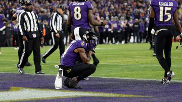 Jan 28, 2024; Baltimore, Maryland, USA; Baltimore Ravens wide receiver Zay Flowers (4) reacts in the end zone after a fumble against the Kansas City Chiefs during the second half in the AFC Championship football game at M&T Bank Stadium. Mandatory Credit: Geoff Burke-USA TODAY Sports