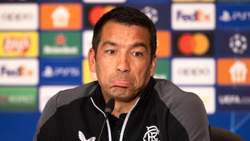EINDHOVEN, SCOTLAND - AUGUST 23: Rangers manager Giovanni Van Bronckhorst during a Rangers press conference at the Philips Stadion, on August 23, 2022, in Eindhoven, Netherlands. (Photo by Alan Harvey/SNS Group via Getty Images)