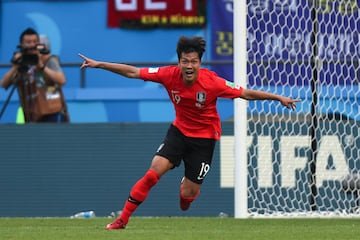 Kim Young-gwon celebra el gol.