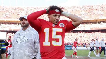 KANSAS CITY, MISSOURI - NOVEMBER 10: Patrick Mahomes #15 of the Kansas City Chiefs reacts after his team's 16-14 win against the Denver Broncos at GEHA Field at Arrowhead Stadium on November 10, 2024 in Kansas City, Missouri. Jamie Squire/Getty Images/AFP (Photo by JAMIE SQUIRE / GETTY IMAGES NORTH AMERICA / Getty Images via AFP)