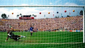 Italy's Roberto Baggio puts his penalty over the bar in the World Cup final against Brazil at the Rose Bowl in Pasadena, California July 17, 1994.