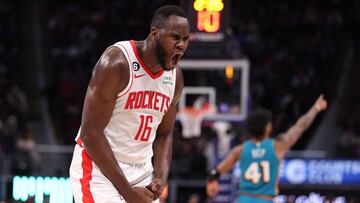 DETROIT, MICHIGAN - JANUARY 28: Usman Garuba #16 of the Houston Rockets reacts late in the second half while playin the Detroit Pistons at Little Caesars Arena on January 28, 2023 in Detroit, Michigan. Houston won the game 117-114. NOTE TO USER: User expressly acknowledges and agrees that, by downloading and or using this photograph, User is consenting to the terms and conditions of the Getty Images License Agreement.   Gregory Shamus/Getty Images/AFP (Photo by Gregory Shamus / GETTY IMAGES NORTH AMERICA / Getty Images via AFP)