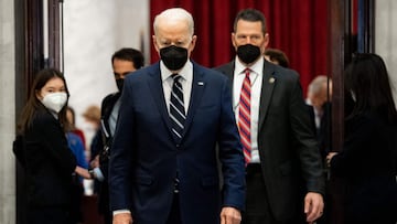 US President Joe Biden departs after meeting with the Senate Democratic Caucus on Capitol Hill in Washington, DC on January 13, 2022.