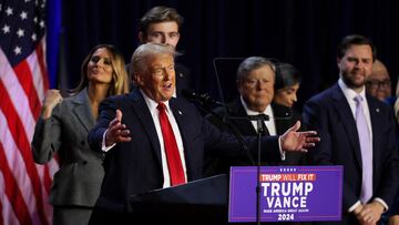 Republican presidential nominee and former U.S. President Donald Trump speaks following early results from the 2024 U.S. presidential election in Palm Beach County Convention Center, in West Palm Beach, Florida, U.S., November 6, 2024. REUTERS/Carlos Barria