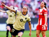Munich (Germany), 25/04/2026.- Ewa Pajor of Barcelona celebrates after scoring the 0-1 goal during the UEFA Women's Champions League semi-finals 1st leg match FC Bayern Munich vs FC Barcelona in Munich, Germany, 25 April 2026. (Liga de Campeones, Alemania) EFE/EPA/ANNA SZILAGYI