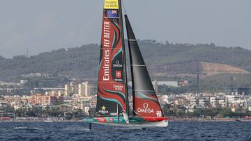 Emirates Team New Zealand competes in the second race on the second day of the 37th America's Cup first preliminary regatta, off the coast of Vilanova i la Geltru on September 16, 2023. After this first preliminary regatta the teams will head to Jeddah, Saudi Arabia, for a second regatta between November 29 to December 2, 2023. The third and last preliminary regatta will be held in August 2024 in Barcelona where all the America?s Cup teams will race in their new AC75s for the very first time. (Photo by LLUIS GENE / AFP)