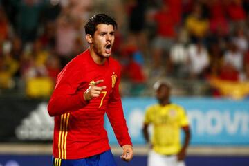 Morata celebrates scoring Spain's late equaliser against Colombia on Wednesday.