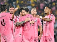 TOPSHOT - Inter Miami's Argentine forward #10 Lionel Messi (C-L) celebrates scoring his team's first goal during the friendly football match between Ecuador's Barcelona and the US' Inter Miami at the Banco Pichincha Stadium in Guayaquil, Ecuador, on February 7, 2026. (Photo by Marcos PIN / AFP)