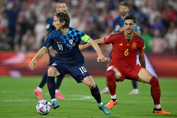 Croatia midfielder Luka Modric controls the ball during the UEFA Nations League final between Croatia and Spain at the De Kuip Stadium in Rotterdam.