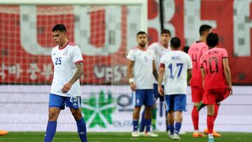 Soccer Football - International friendly - South Korea v Chile - Daejeon World Cup Stadium, Daejeon, South Korea - June 6, 2022 Chile's Matias Ibacache walks off dejected after being shown a red card by the referee REUTERS/Kim Hong-Ji