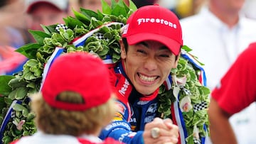 May 28, 2017; Indianapolis, IN, USA; Verizon Indycar driver Takuma Sato celebrates winning the 101st Running of the Indianapolis 500 at Indianapolis Motor Speedway. Mandatory Credit: Thomas J. Russo-USA TODAY Sports