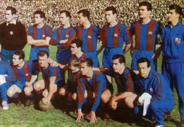 En 1959, y con la llegada de HH el Barcelona gan su sptima liga. De pie: Ramallets, Olivella, Rodri, Gracia, Segarra, Gensana y Rodri II. Agachados: Tejada, Kubala, Evaristo, Surez, Coll y el masajista Mur.  