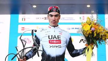 LAIGUEGLIA, ITALY - MARCH 05: Juan Ayuso Pesquera of Spain and UAE Team Emirates - XRG celebrates at podium as race winner during the 62nd Trofeo Laigueglia 2025 a 197km one day race from Laigueglia to Laigueglia on March 05, 2025 in Laigueglia, Italy. (Photo by Dario Belingheri/Getty Images)