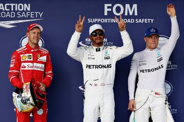 Parrilla de salida del Gran Premio de Estados Unidos. Pole para Lewis Hamilton, Sebastian Vettel segundo y Valtteri Bottas en tercer lugar.