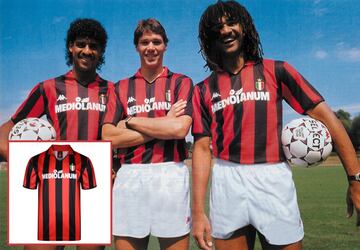 Camiseta mítica del Milán, que lucieron uno de los tridentes europeos más reconocidos compuesto por Rijkaard, Van Basten y Gullit.