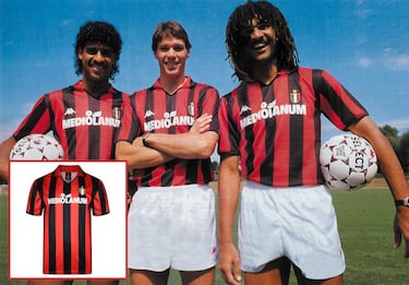 Camiseta mítica del Milán, que lucieron uno de los tridentes europeos más reconocidos compuesto por Rijkaard, Van Basten y Gullit.