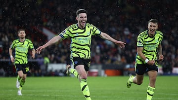 Arsenal's English midfielder #41 Declan Rice celebrates scoring the team's fifth goal during the English Premier League football match between Sheffield United and Arsenal at Bramall Lane in Sheffield, northern England on March 4, 2024. (Photo by Darren Staples / AFP) / RESTRICTED TO EDITORIAL USE. No use with unauthorized audio, video, data, fixture lists, club/league logos or 'live' services. Online in-match use limited to 120 images. An additional 40 images may be used in extra time. No video emulation. Social media in-match use limited to 120 images. An additional 40 images may be used in extra time. No use in betting publications, games or single club/league/player publications. / 