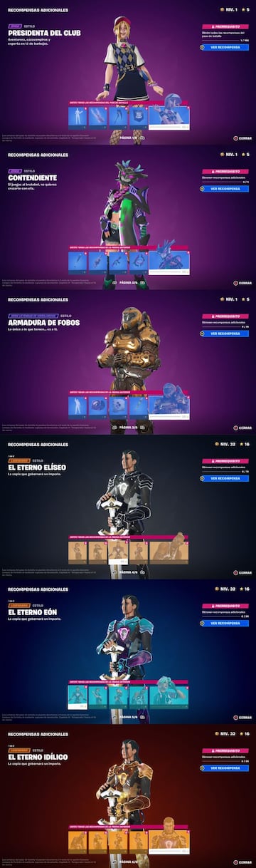 P&aacute;ginas 1-6 de Recompensas Adicionales del Pase de Batalla de la Temporada 1 de Fortnite Cap&iacute;tulo 4