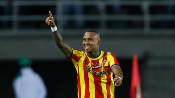 AMDEP1996. PEREIRA (COLOMBIA), 24/05/2023.- Arley Rodríguez de Pereira celebra un gol hoy, en un partido de la fase de grupos de la Copa Libertadores entre Deportivo Pereira y Boca Juniors en el estadio Hernán Ramírez Villegas en Pereira (Colombia). EFE/Ernesto Guzmán Jr.
