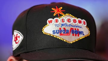 A detail view of a hat with the Super Bowl logo during Super Bowl LVIII Opening Night at Allegiant Stadium.