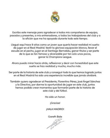 Bale se despide del Real Madrid con una emotiva carta