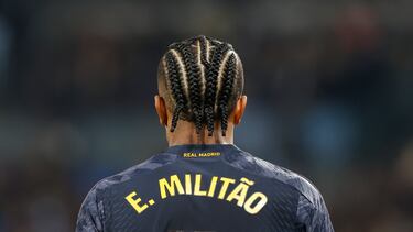 El defensa del Real Madrid Eder Militao, durante el partido de Liga en Primera División que Real Sociedad y Real Madrid disputan este viernes en el Reale Arena, en San Sebastián.