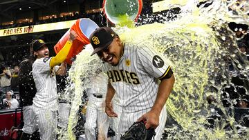 SAN DIEGO, CALIFORNIA - MAY 28: Jeremiah Estrada #56 of the San Diego Padres is doused with Gatorade after the game against the Miami Marlins at Petco Park on May 28, 2024 in San Diego, California. Estrada extended his Padres consecutive strikeout record.   Orlando Ramirez/Getty Images/AFP (Photo by Orlando Ramirez / GETTY IMAGES NORTH AMERICA / Getty Images via AFP)