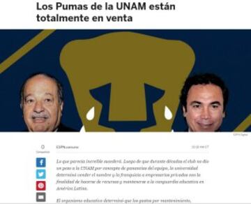 ESPN publicó que Pumas está a la venta y Slim asoma como candidato para comprarlos.