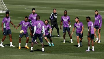 Los jugadores del Madrid, durante su último entrenamiento en Valdebebas.