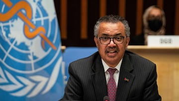 A handout photograph taken and released by the World Health Organisation (WHO) on May 24, 2021, shows the Director General of the World Health Organization (WHO) Tedros Adhanom Ghebreyesus delivering a speech during the 74th World Health Assembly, at the 