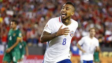 Jun 10, 2016; Foxborough, MA, USA; Chile midfielder Arturo Vidal (8) celebrates his penalty kick goal in extra time during the second half of Chile's 2-1 win over Bolivia in the group play stage of the 2016 Copa America Centenario at Gillette Stadium. Mandatory Credit: Winslow Townson-USA TODAY Sports