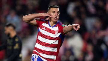 GRANADA, SPAIN - FEBRUARY 10: Myrto Uzuni of Granada CF celebrates after scoring his team's first goal during the LaLiga Smartbank match between Granada CF and CD Tenerife at Estadio Nuevo Los Carmenes on February 10, 2023 in Granada, Spain. (Photo by Fermin Rodriguez/Quality Sport Images/Getty Images)