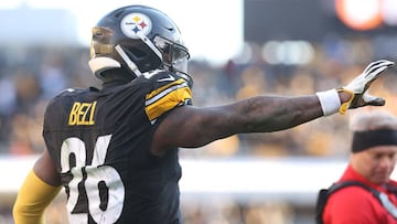 Jan 14, 2018; Pittsburgh, PA, USA; Pittsburgh Steelers running back Le&#039;Veon Bell (26) celebrates after catching a touchdown pass against the Jacksonville Jaguars during the third quarter in the AFC Divisional Playoff game at Heinz Field. Mandatory Credit: Geoff Burke-USA TODAY Sports