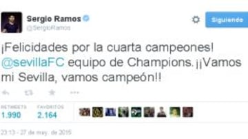 Ramos felicita al Sevilla: "¡Vamos mi Sevilla, vamos campeón!"