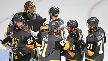 May 4, 2018; Las Vegas, NV, USA; Vegas Golden Knights players congratulate goaltender Marc-Andre Fleury (29) after defeating the San Jose Sharks 5-3 in game five of the second round of the 2018 Stanley Cup Playoffs at T-Mobile Arena. Mandatory Credit: Ste
