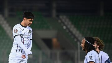 Midtjylland's Chilean forward #11 Dario Osorio celebrates with teammates after scoring a goal during the UEFA Europa League football match between Ludogorets and Midtjylland at Huvepharma Arena in Razgrad on January 23, 2025. (Photo by Nikolay DOYCHINOV / AFP)