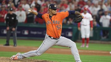 Philadelphia (United States), 02/11/2022.- Houston Astros relief pitcher Bryan Abreu releases a pitch against the Philadelphia Phillies in the bottom of the seventh inning of game four of the MLB World Series between the Houston Astros and Philadelphia Phillies at Citizens Bank Park in Philadelphia, Pennsylvania, USA, 02 November 2022. (Estados Unidos, Filadelfia) EFE/EPA/JUSTIN LANE
