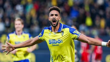 Chris Ramos celebrando el 3-0 el pasado domingo en el Nuevo Mirandilla.