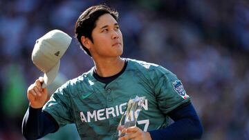 Jul 11, 2023; Seattle, Washington, USA; American League designated hitter/pitcher Shohei Ohtani of the Los Angeles Angels of Anaheim (17) reacts during the second inning at T-Mobile Park. Mandatory Credit: Stephen Brashear-USA TODAY Sports