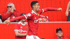 Manchester United&#039;s Portuguese striker Cristiano Ronaldo celebrates after scoring the opening goal of the English Premier League football match between Manchester United and Newcastle at Old Trafford in Manchester, north west England, on September 11
