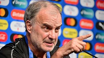 Uruguay's Argentine coach Marcelo Bielsa attends a press conference one day before the Conmebol 2024 Copa America tournament quarter-final football match between Uruguay and Brazil at Allegiant Stadium in Las Vegas, Nevada, on July 5, 2024. (Photo by Frederic J. Brown / AFP)