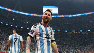 Soccer Football - FIFA World Cup Qatar 2022 - Semi Final - Argentina v Croatia - Lusail Stadium, Lusail, Qatar - December 13, 2022 Argentina's Lionel Messi celebrates their third goal scored by Julian Alvarez REUTERS/Molly Darlington