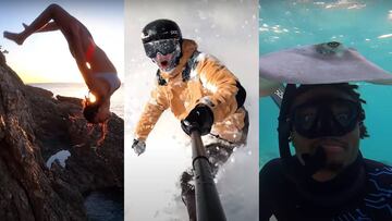 Una chica salta desde un acantilado, un snowboarder se graba ripando y un buceador con una manta en la cabeza. Imágenes de GoPro.